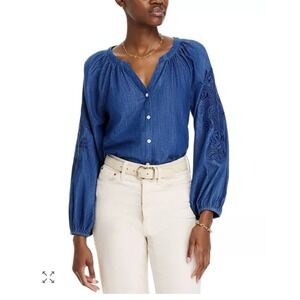 Tommy Bahama Women's Blouse Sz M Indigo Cove Embroidered Embellished Split Neck